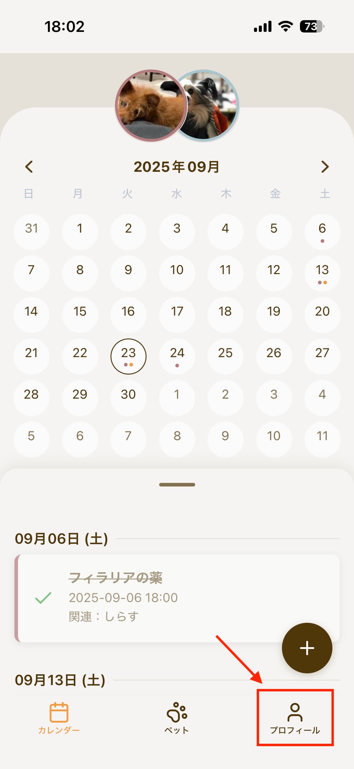 プロフィールタブの選択方法